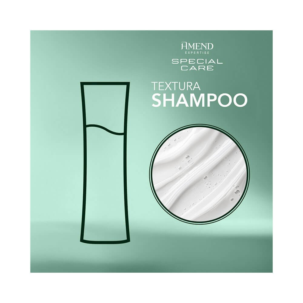 Imagem com fundo verde claro mostrando ilustração de embalagem de shampoo e textura do produto em close